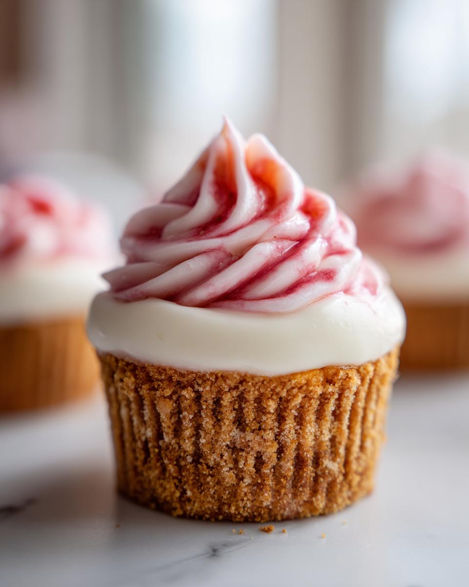 A close-up of a single strawberry cheesecake cupcake featuring a graham cracker crust base and swirled cream cheese frosting with strawberry streaks.