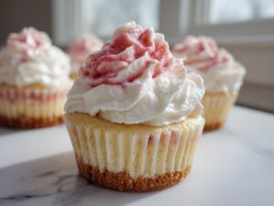A close-up shot of a freshly baked strawberry cheesecake cupcake topped with white frosting swirled with strawberry sauce.