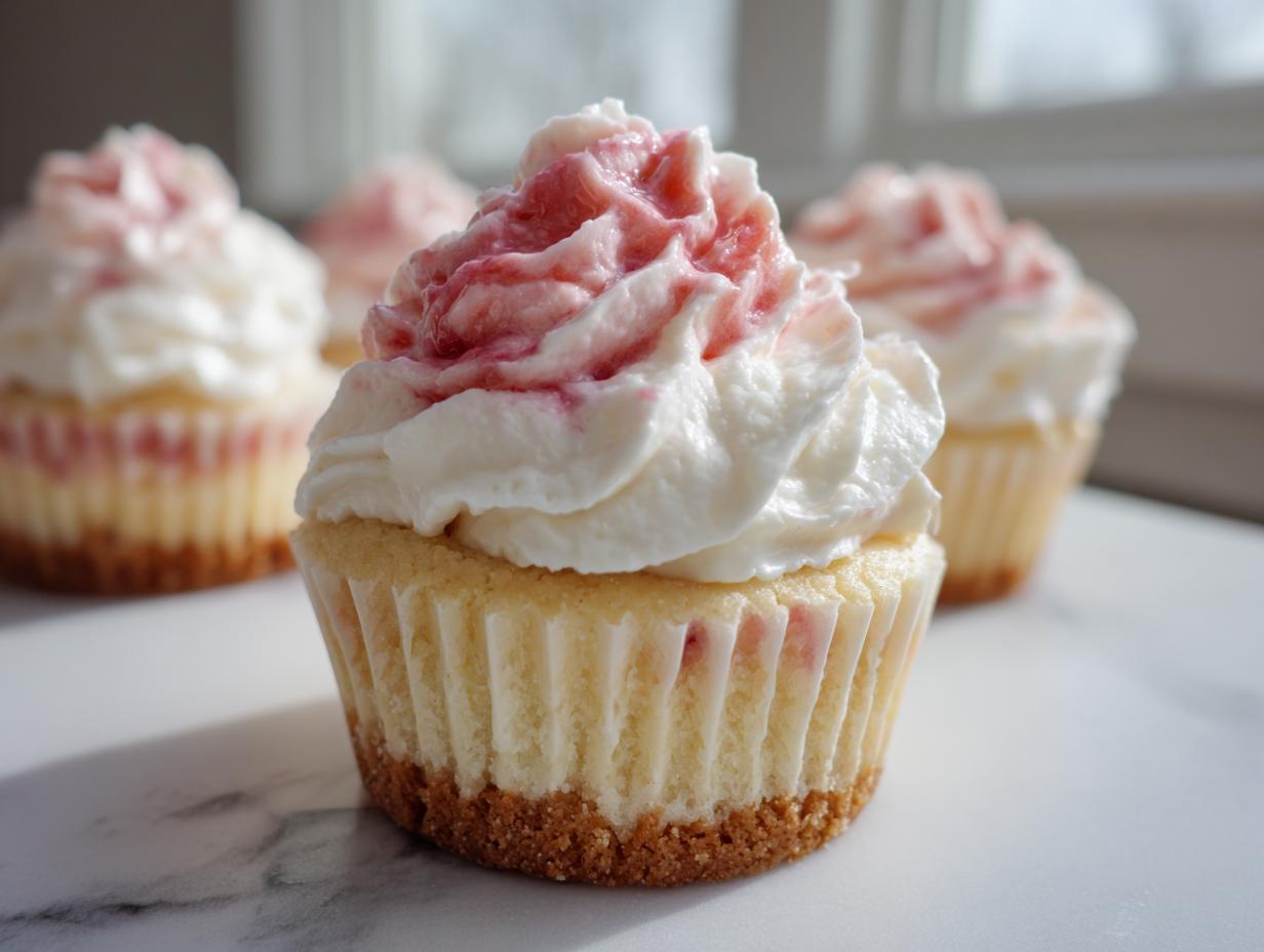 A close-up shot of a freshly baked strawberry cheesecake cupcake topped with white frosting swirled with strawberry sauce.
