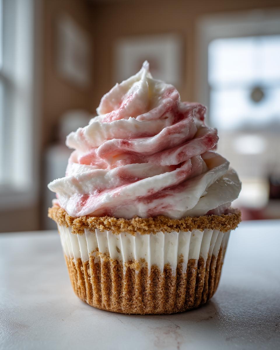 A single, beautifully frosted strawberry cheesecake cupcake with a graham cracker crust, topped with white cream cheese frosting swirled with strawberry sauce.