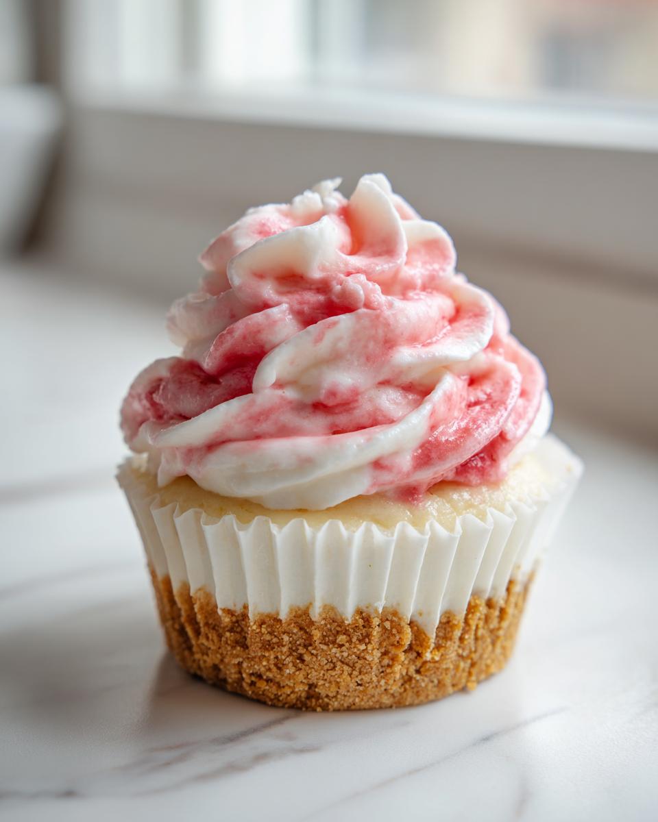 A single strawberry cheesecake cupcake with a graham cracker crust and swirled white and pink strawberry frosting.
