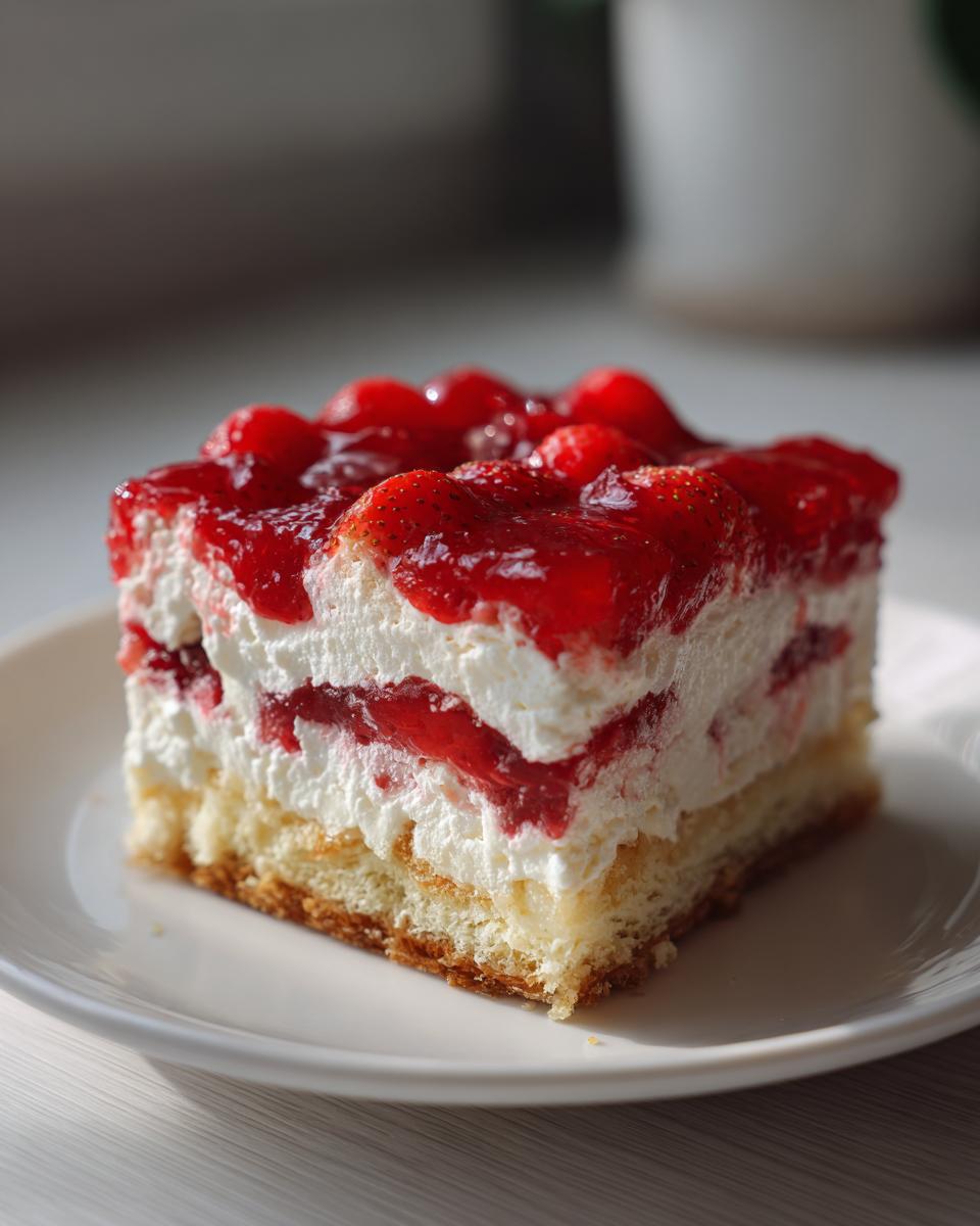 Close-up of a square slice of strawberry cheesecake dump cake featuring layers of cake, cream, and strawberry topping.