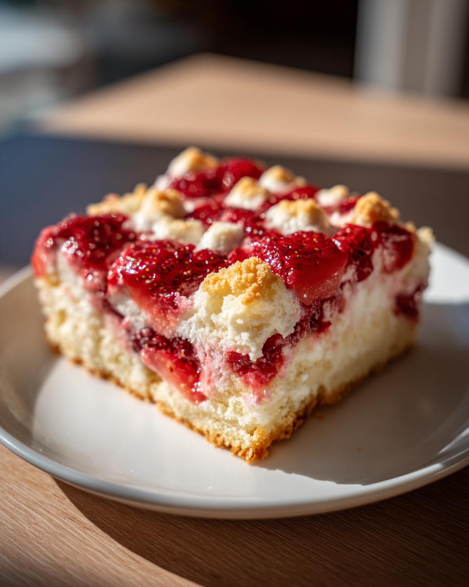 A square slice of strawberry cheesecake dump cake with visible layers of cake, creamy filling, and bright red strawberry topping.