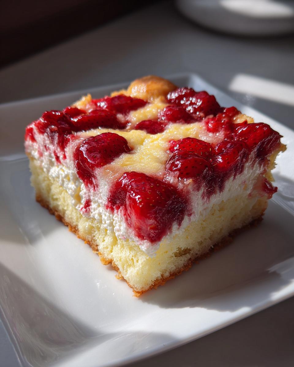 A close-up, sunlit slice of strawberry cheesecake dump cake showing layers of cake, cream cheese filling, and bright red strawberries.