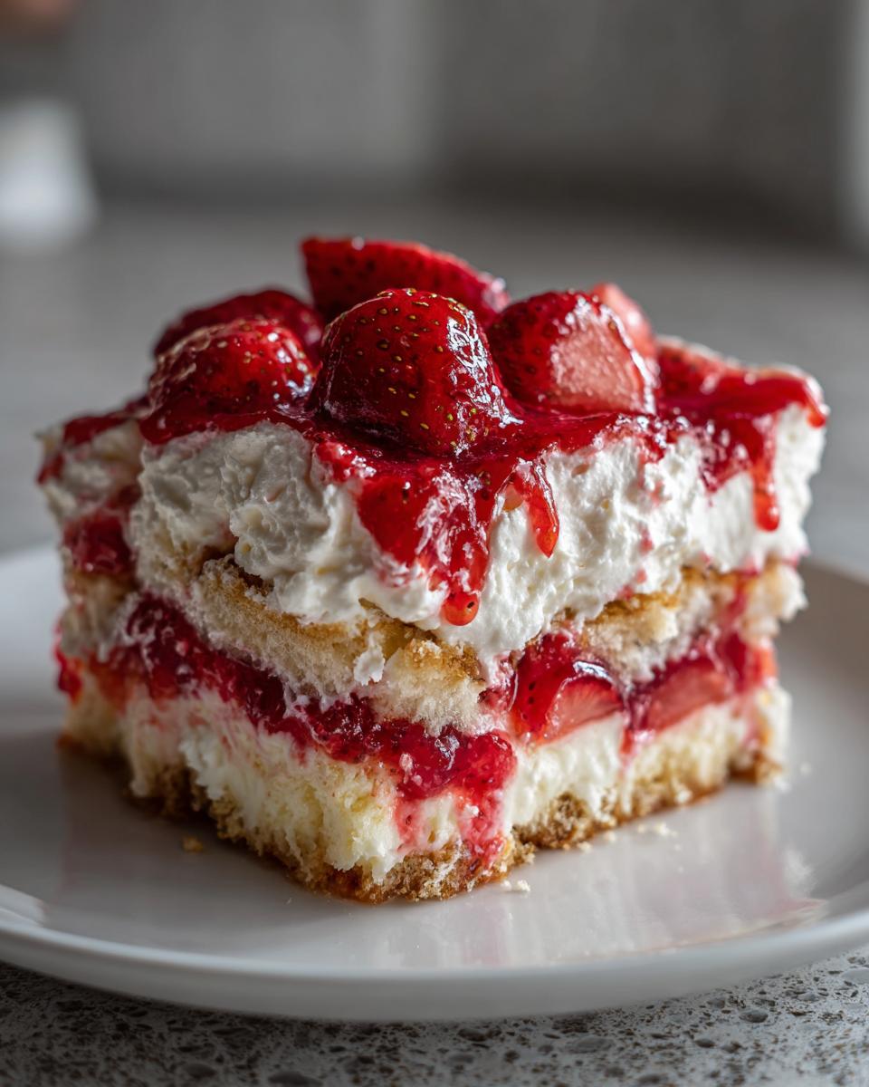 A close-up of a layered slice of strawberry cheesecake dump cake topped with whipped cream and fresh strawberries.