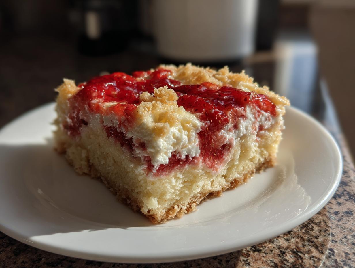 A square slice of strawberry cheesecake dump cake featuring layers of cake, cream cheese filling, and bright red strawberry topping.