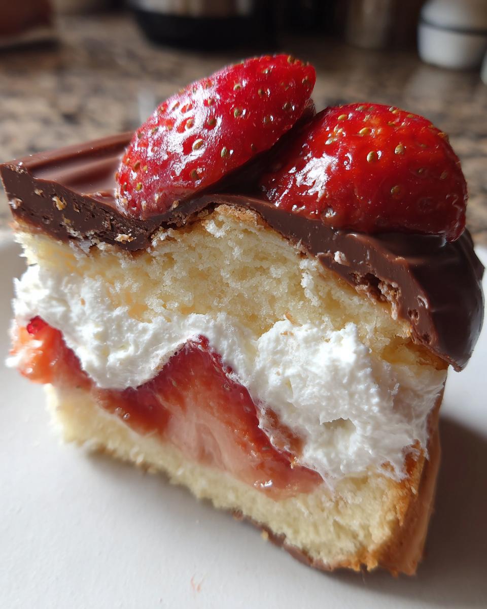 Close-up of a slice of strawberry chocolate shell cake showing layers of sponge, cream, strawberries, and chocolate topping.