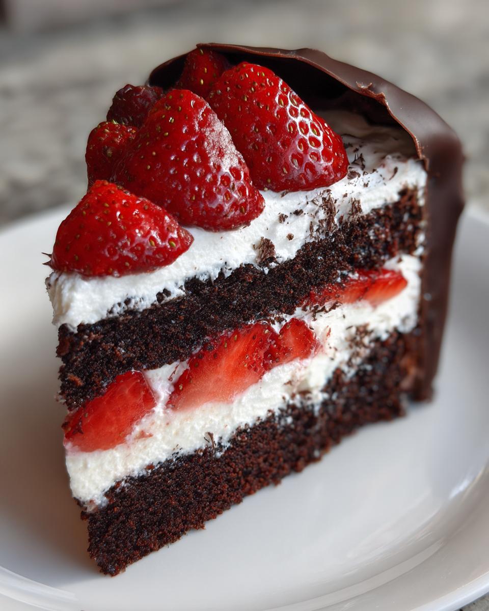 A decadent slice of strawberry chocolate shell cake showing layers of dark chocolate cake, white cream, and fresh strawberries.