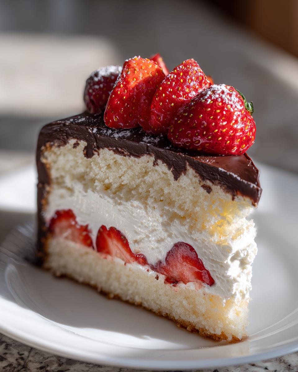 A close-up of a slice of strawberry chocolate shell cake featuring layers of sponge, cream, sliced strawberries, and topped with whole strawberries.