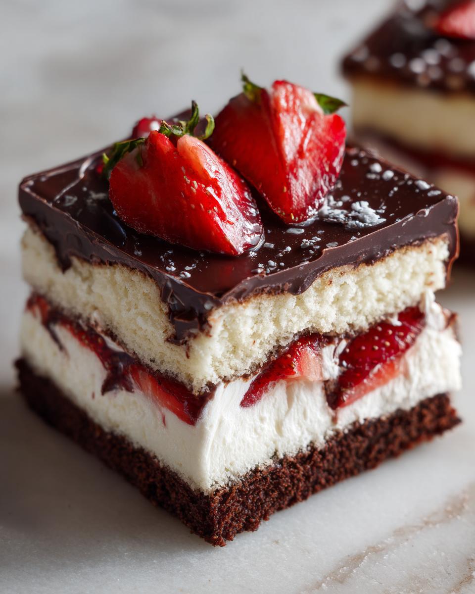 Close-up of a layered slice of strawberry chocolate shell cake featuring chocolate base, cream, strawberries, and a glossy chocolate topping.