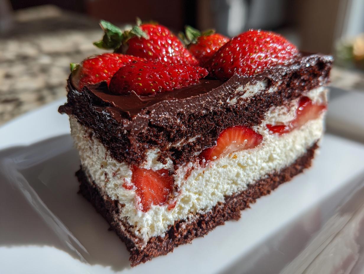 Close-up of a rich slice of strawberry chocolate shell cake showing dark chocolate layers, white cream filling, and fresh strawberries.
