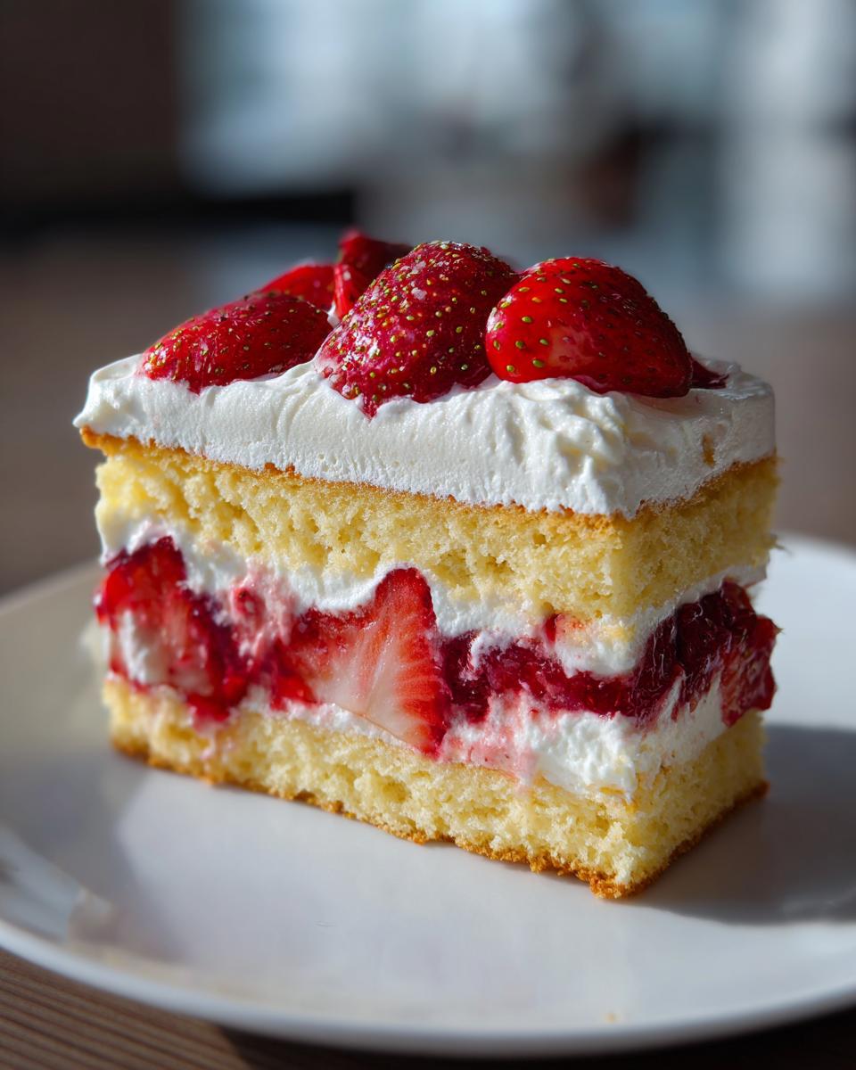 A perfect slice of strawberry shortcake cake showing layers of sponge cake, whipped cream, and fresh strawberries.