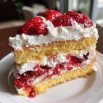 A decadent slice of strawberry shortcake cake featuring layers of yellow sponge, whipped cream, and macerated strawberries.