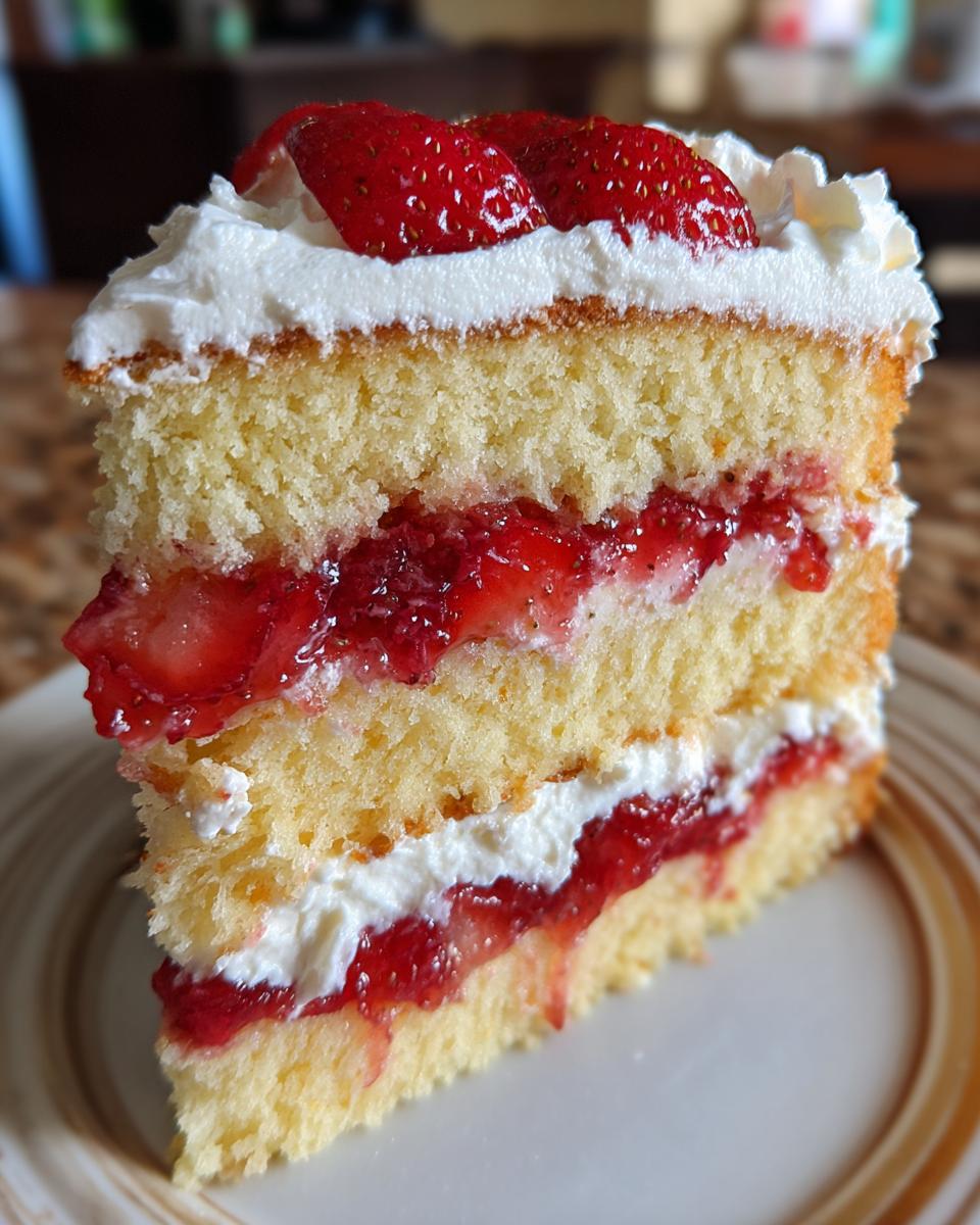 Close-up of a layered slice of strawberry shortcake cake showing sponge layers, strawberry filling, and whipped cream.