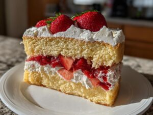 A beautiful slice of strawberry shortcake cake showing layers of yellow sponge, whipped cream, and macerated strawberries, topped with whole strawberries.