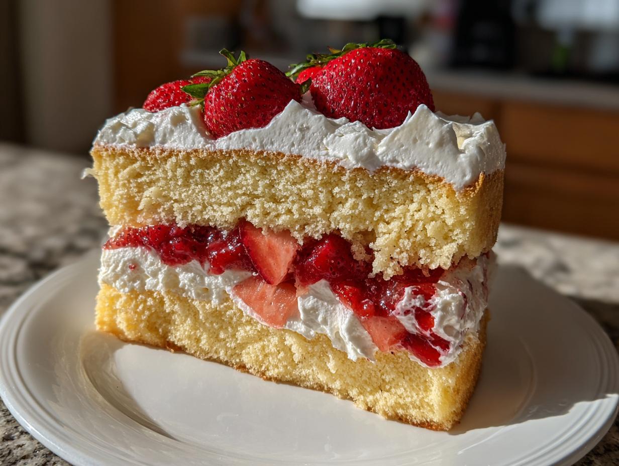 A beautiful slice of strawberry shortcake cake showing layers of yellow sponge, whipped cream, and macerated strawberries, topped with whole strawberries.