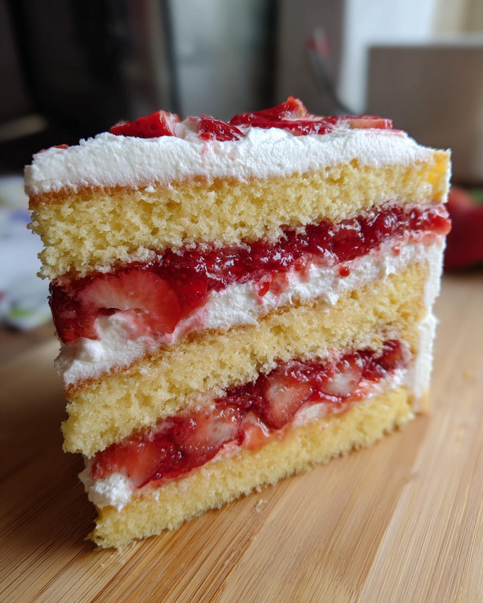 Close-up of a moist slice of strawberry shortcake cake showing three layers of sponge cake, whipped cream, and strawberry filling.