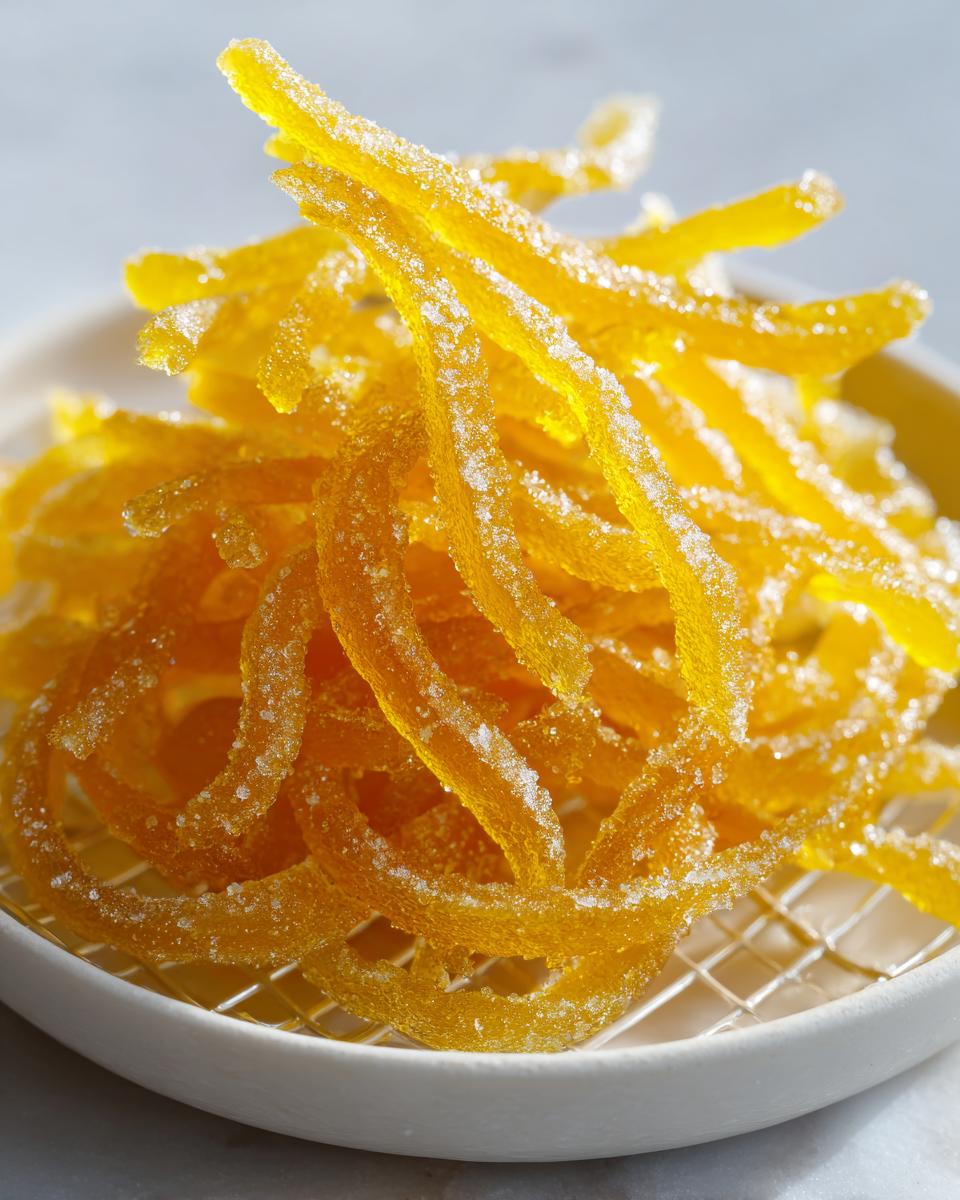 Close-up of bright yellow, glistening candied lemon peel strips coated generously in granulated sugar.