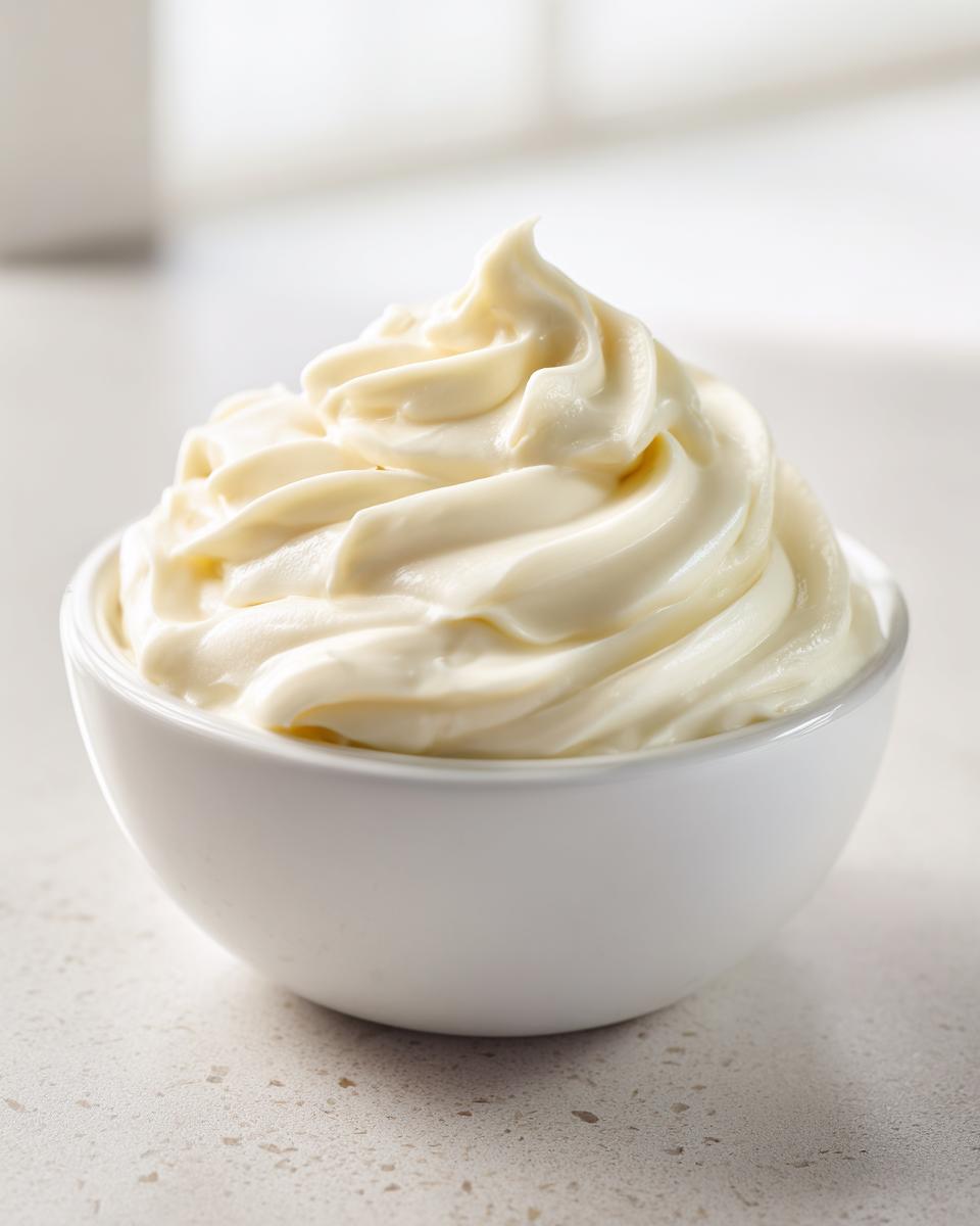 A close-up of perfectly whipped homemade mayonnaise swirled high in a small white bowl.