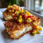 Close-up of crispy tropical coconut crusted fish topped with vibrant mango salsa on a white plate.