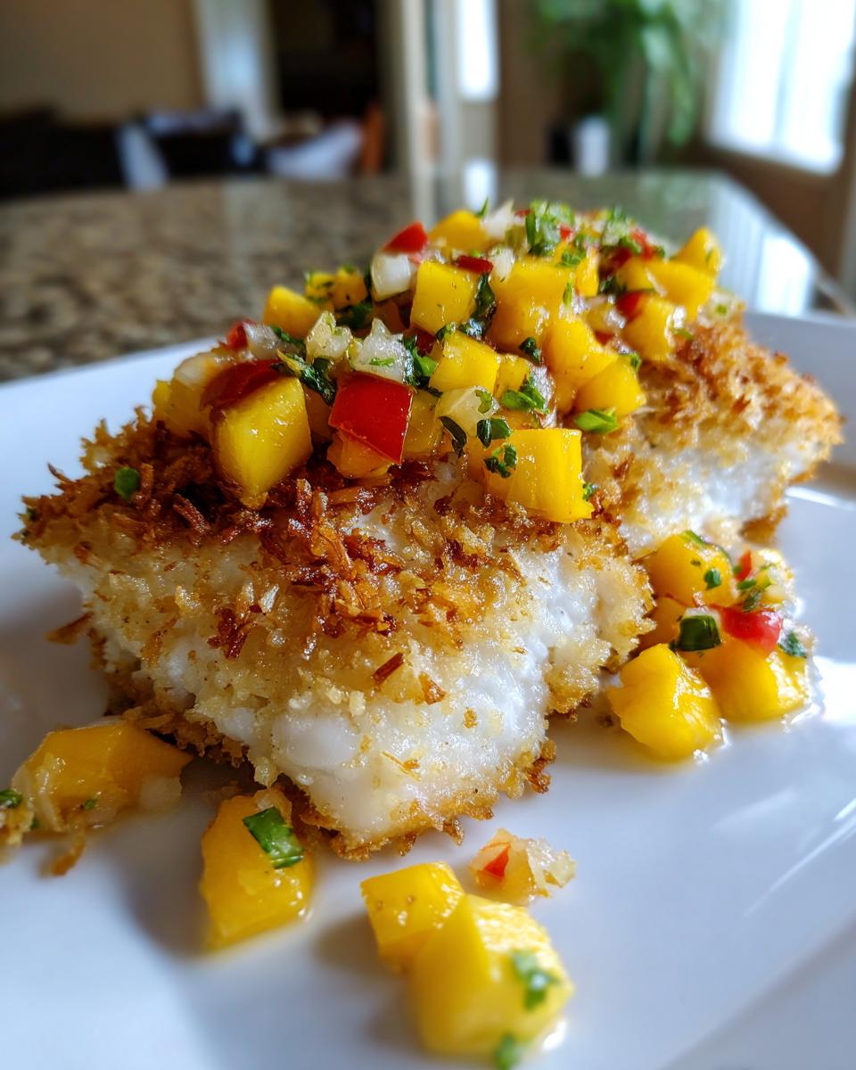 A close-up of flaky white fish coated in crispy coconut crust, topped with fresh mango salsa, part of the tropical coconut crusted fish recipe.