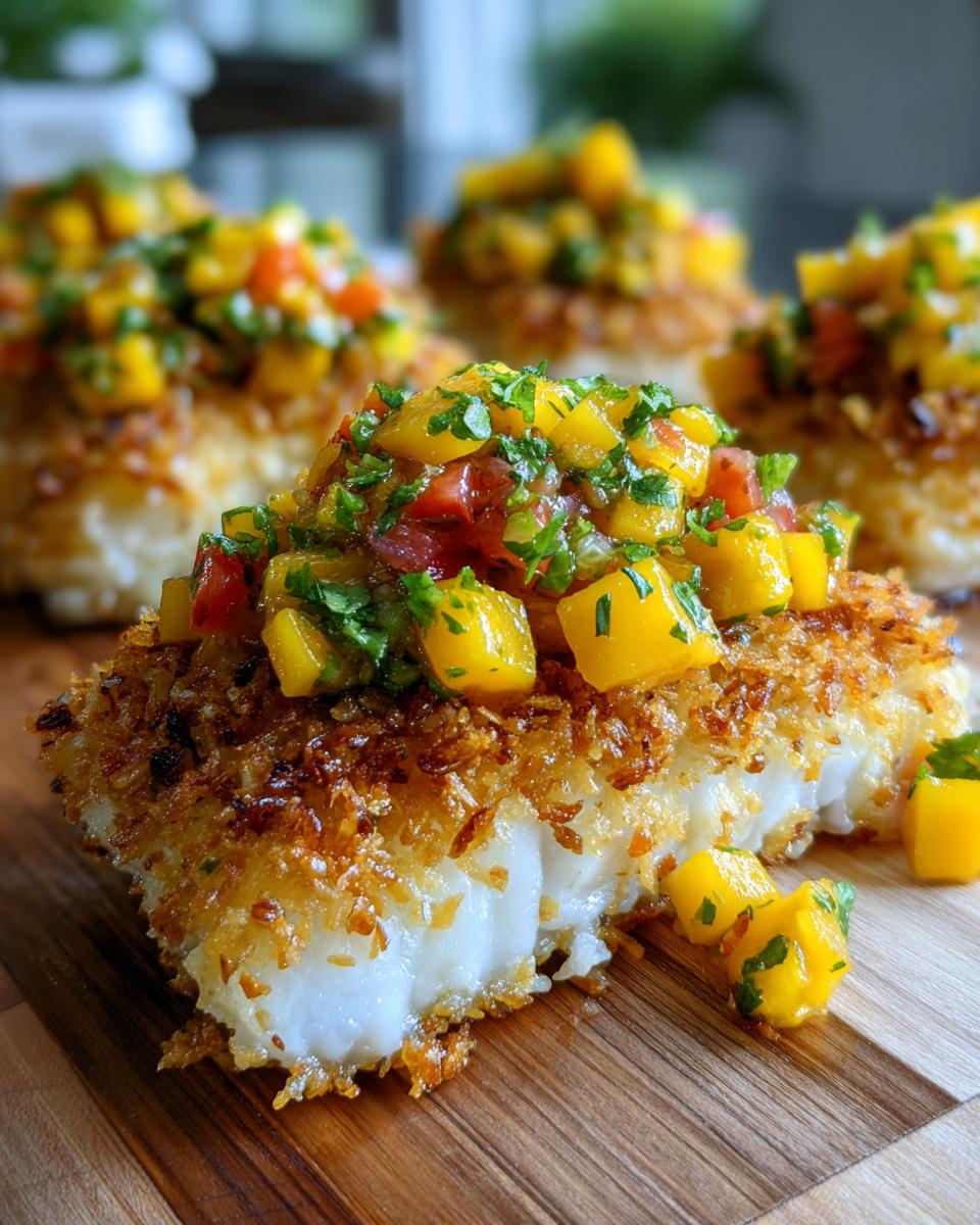 A close-up of flaky white fish coated in crispy coconut crust, topped with bright tropical coconut crusted fish with mango salsa.