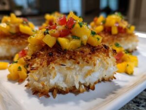 Close-up of a piece of tropical coconut crusted fish topped generously with fresh mango salsa.