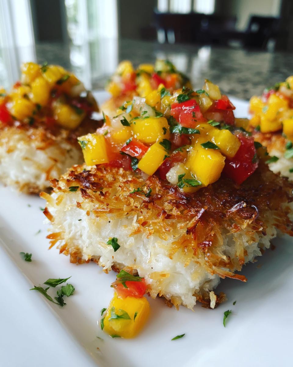 Close-up of flaky tropical coconut crusted fish topped with vibrant, chunky mango salsa on a white plate.
