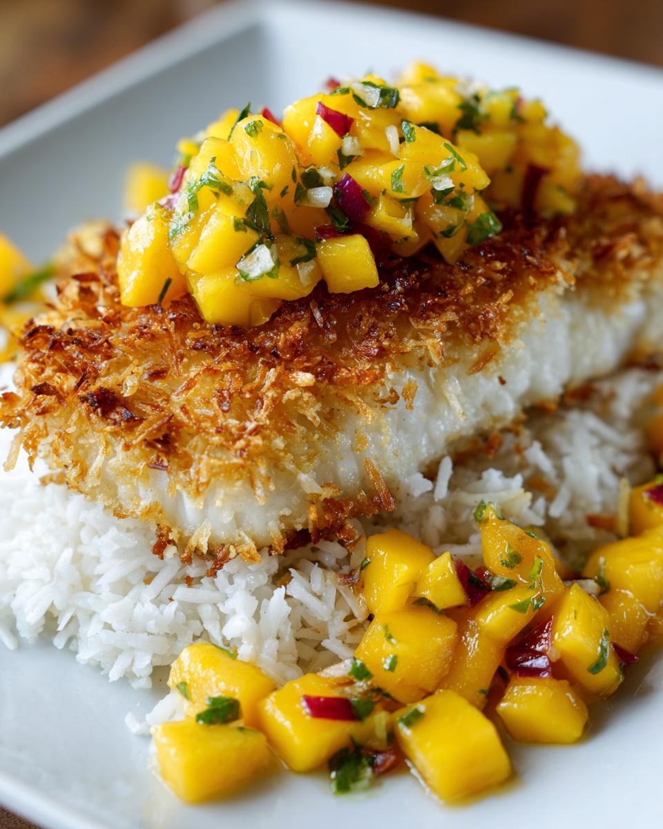 A close-up of golden tropical coconut crusted fish served over white rice, topped with vibrant mango salsa.