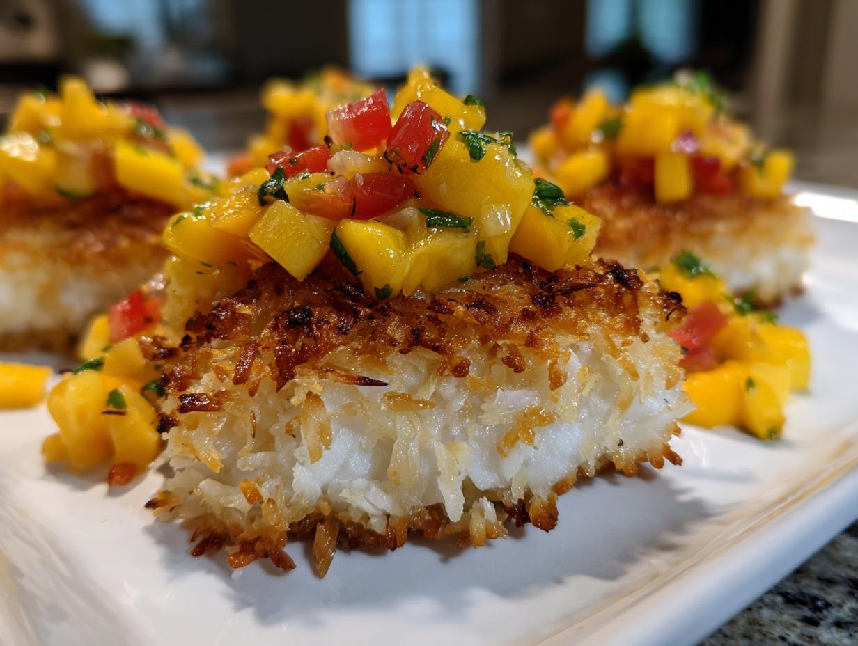 Close-up of a piece of tropical coconut crusted fish topped generously with fresh mango salsa.