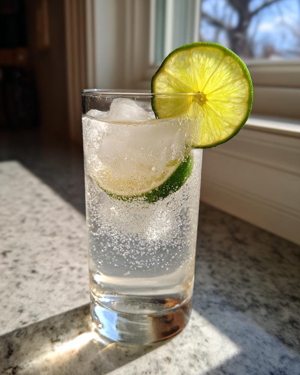 A tall glass filled with ice and a bubbly vanilla vodka soda, garnished with a bright lime wheel.