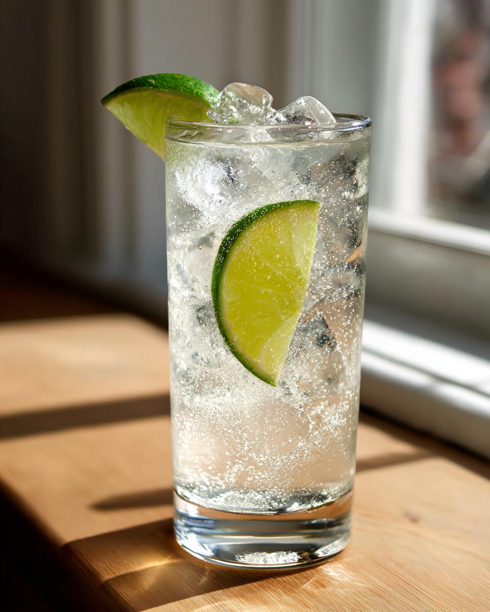 Close-up of a tall glass filled with ice and a bubbly vanilla vodka soda, garnished with two lime wedges.