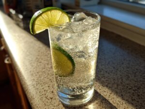Close-up of a tall glass filled with ice and a bubbly vanilla vodka soda, garnished with two lime slices.