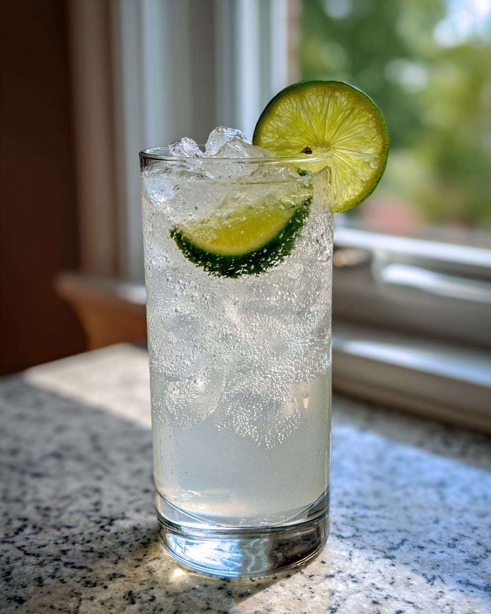 A tall glass of bubbly vanilla vodka soda filled with ice and garnished with a lime wheel and wedge.