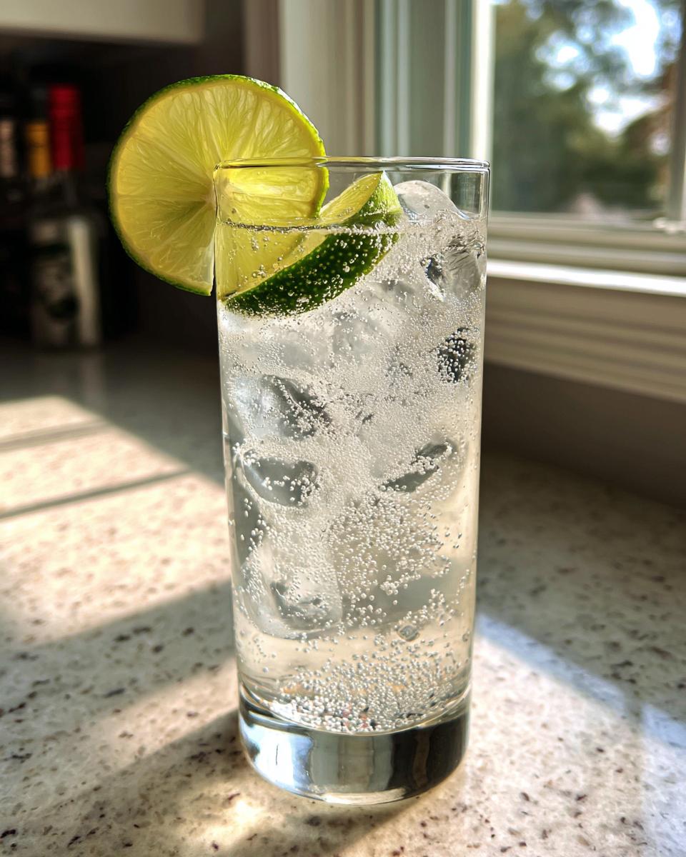 Tall glass filled with ice and a bubbly vanilla vodka soda, garnished with a fresh lime wheel.