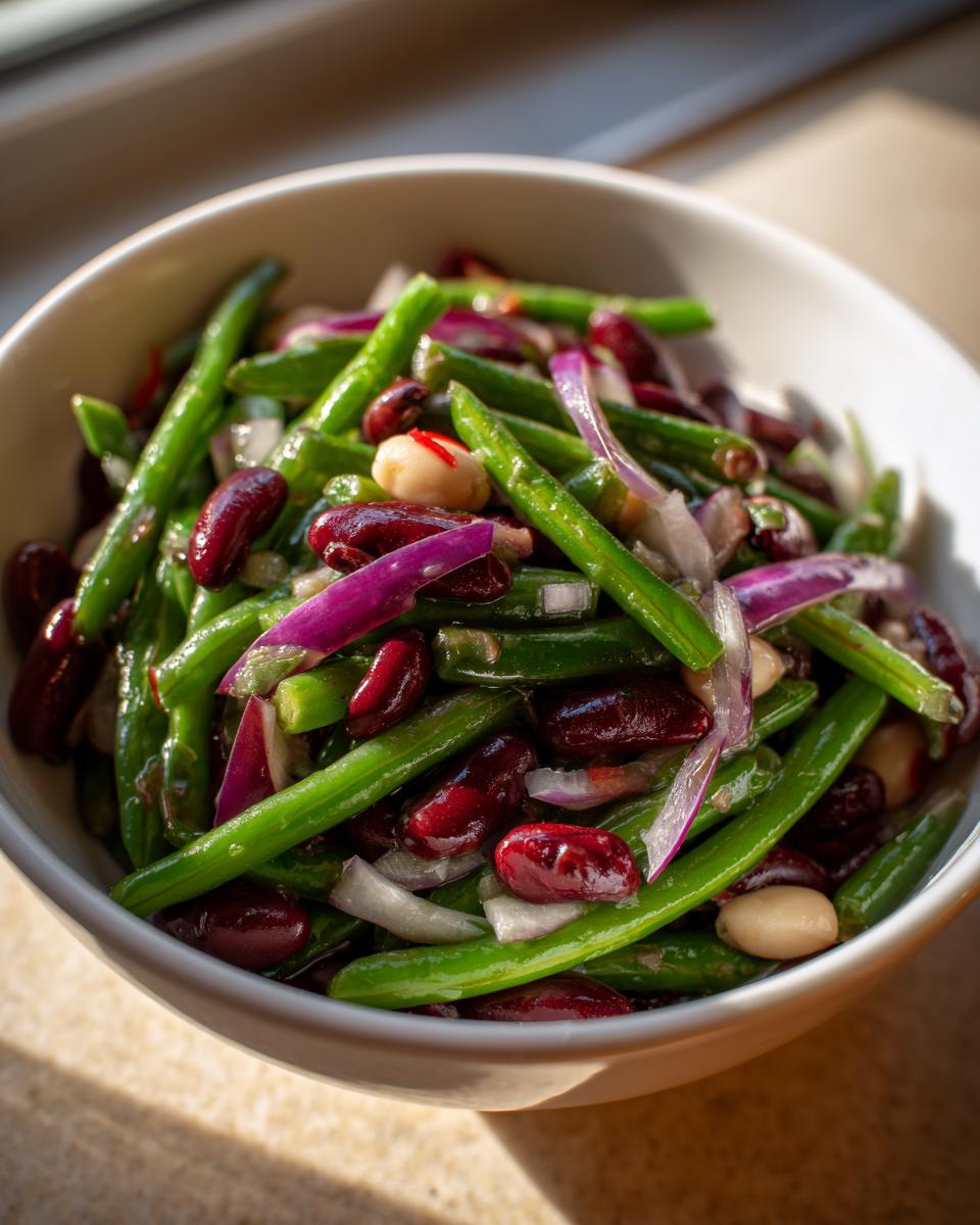Close-up of a vibrant three bean salad featuring green beans, kidney beans, and red onion slices in a white bowl.