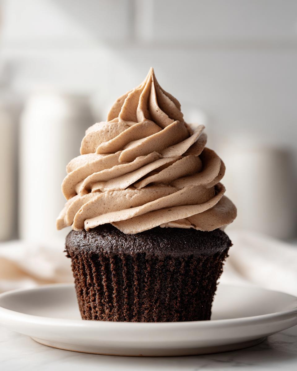 A single dark chocolate cupcake topped with a tall swirl of light brown whipped chocolate ganache frosting.