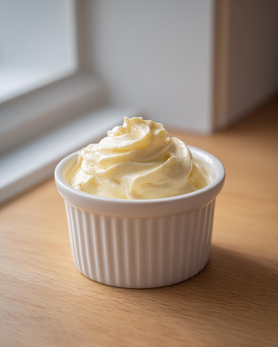 A small white ramekin filled with perfectly whipped homemade mayonnaise olive oil, set on a light wooden surface.
