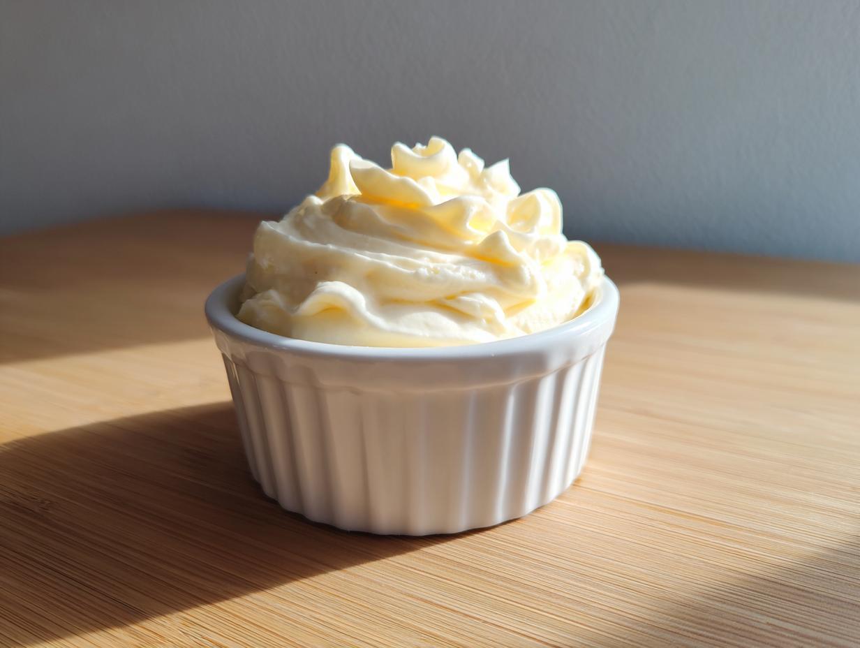 A serving of thick, creamy homemade mayonnaise olive oil piped into a small white ramekin.
