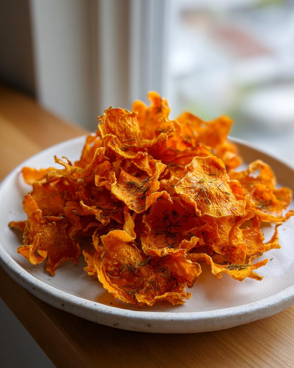A pile of crispy, bright orange air fryer carrot chips seasoned with dill on a white plate.
