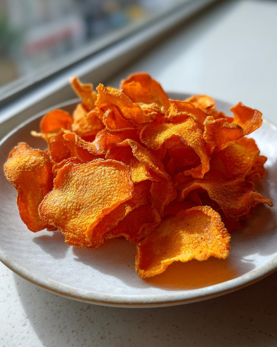 A pile of bright orange, crispy air fryer carrot chips served on a light-colored ceramic plate.