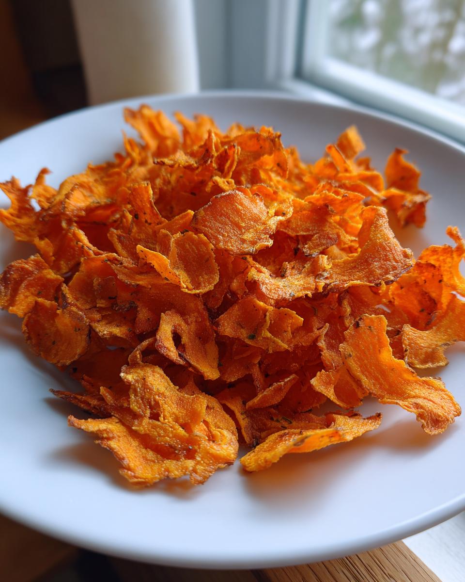 A close-up of a pile of crispy, orange air fryer carrot chips seasoned with herbs on a white plate.