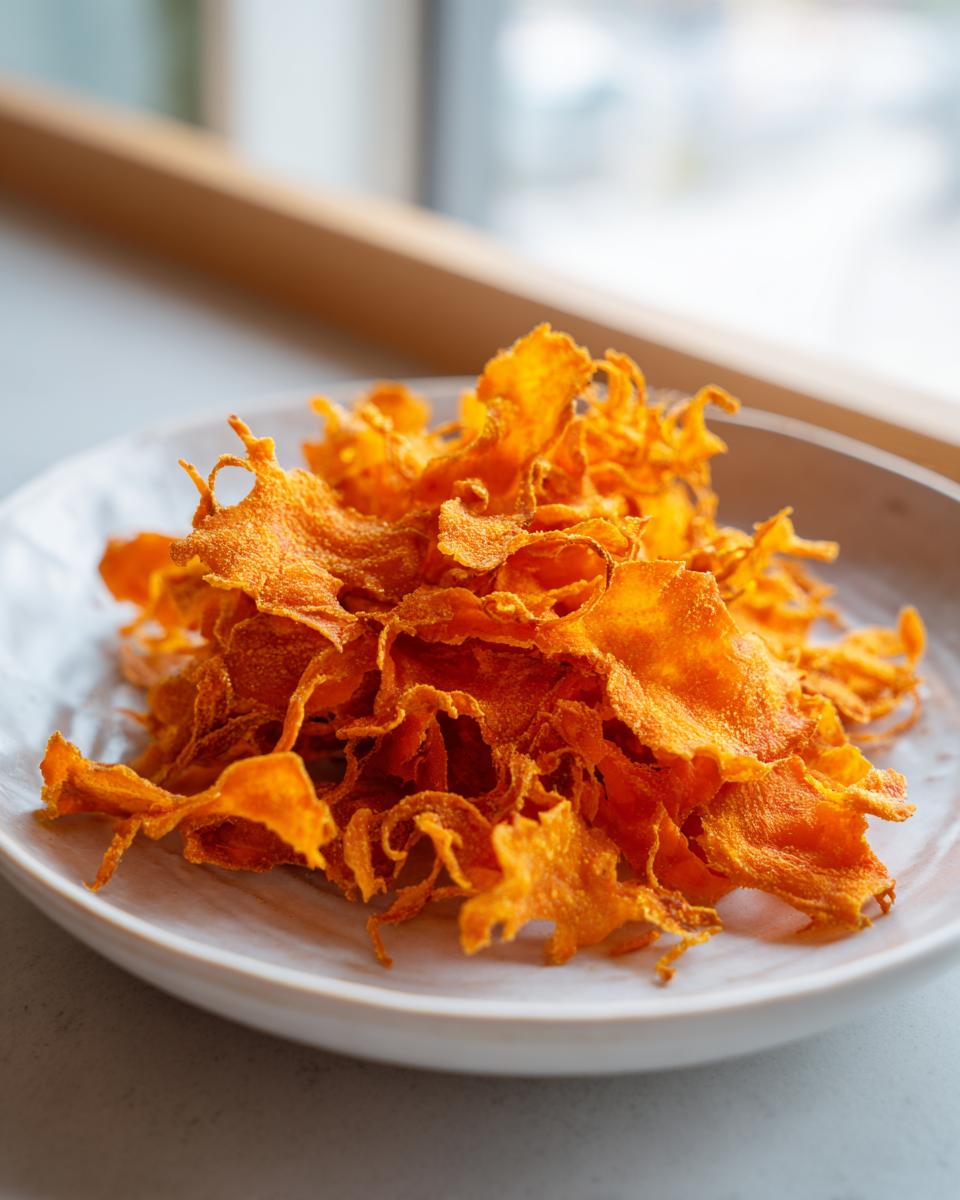A close-up of a pile of crispy, bright orange air fryer carrot chips served on a light-colored, textured plate.