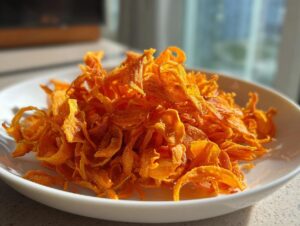 A close-up of a pile of bright orange, crispy air fryer carrot chips served on a white dish.
