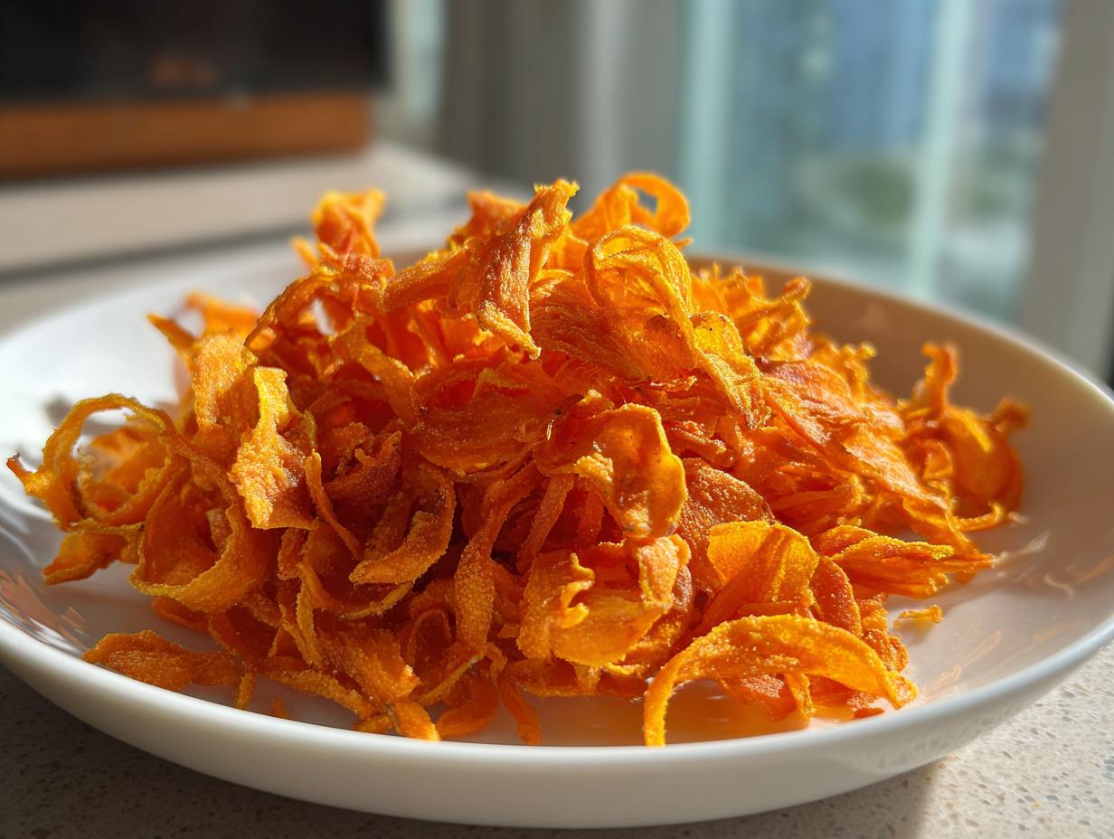 A close-up of a pile of bright orange, crispy air fryer carrot chips served on a white dish.