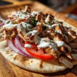 Close-up of grilled, sliced chicken shawarma drizzled with white sauce, served over tomato, red onion, and pita bread.
