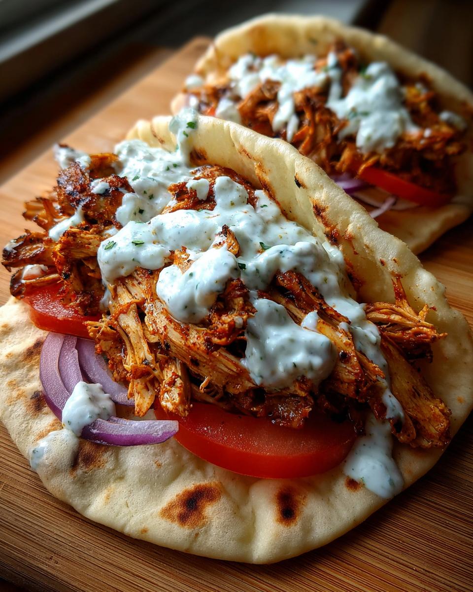 Two servings of flavorful chicken shawarma piled high with seasoned shredded chicken, tomato, onion, and drizzled with white sauce on pita bread.