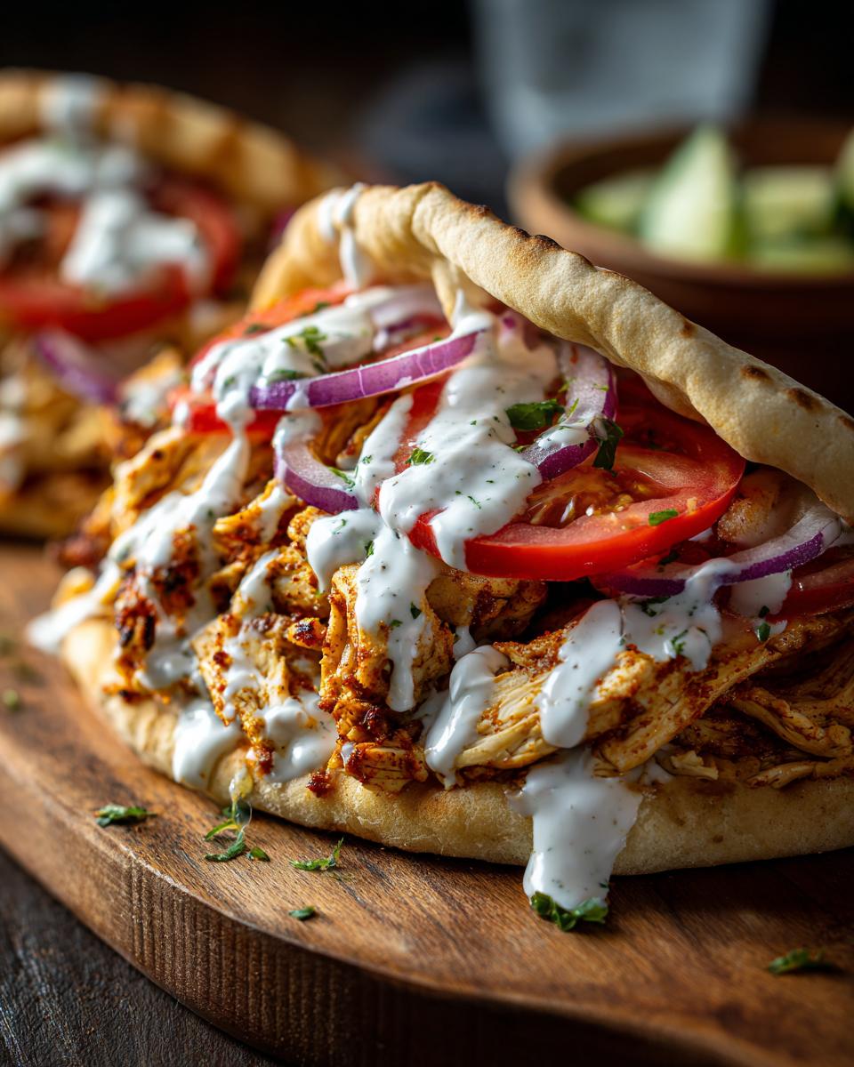 A close-up of a fully loaded chicken shawarma served in pita bread, topped with red onion, tomato, and white sauce.