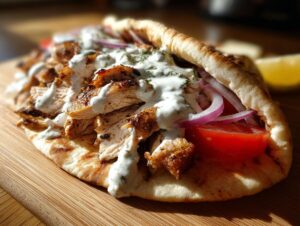 A close-up of a flavorful chicken shawarma served open-faced on pita bread with tomato, red onion, and white sauce.