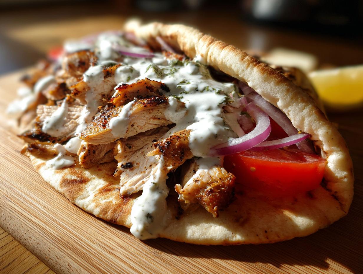 A close-up of a flavorful chicken shawarma served open-faced on pita bread with tomato, red onion, and white sauce.